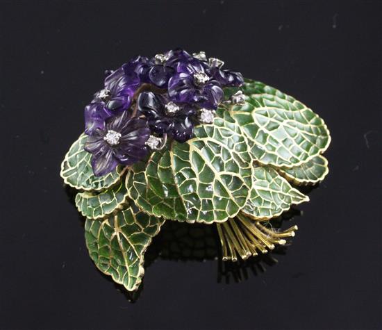 An 18ct gold, amethyst and diamond set plique a jour flower brooch, width 1.75in.